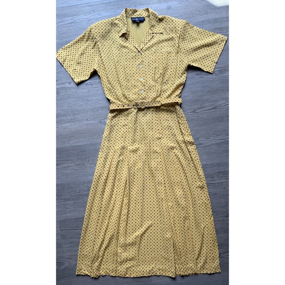 Vintage 90s Ralph Lauren Size 6 Foulard Print Belted Maxi Shirt Dress Yellow